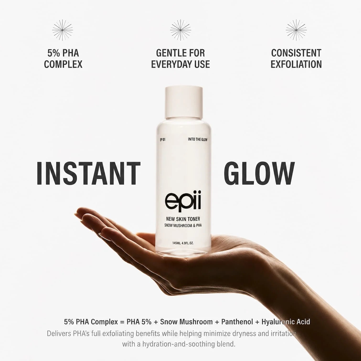 epii New Skin Toner Snow Mushroom & PHA 145ml – Korean Gentle Exfoliating Toner for Glow & Texture epii