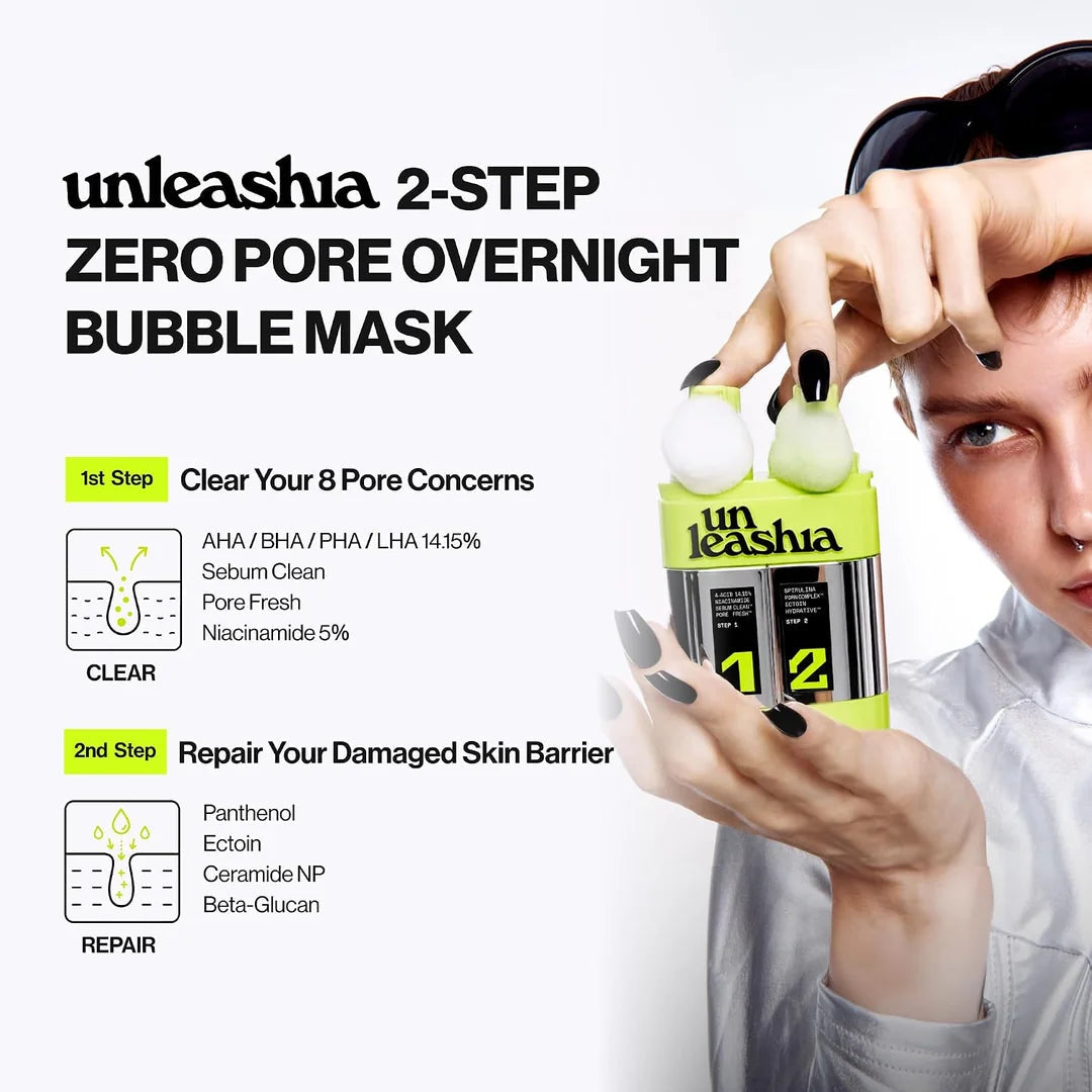 UNLEASHIA Two Step Zero Pore Overnight Bubble Mask – Korean Overnight Pore Mask for Texture & Glow UNLEASHIA